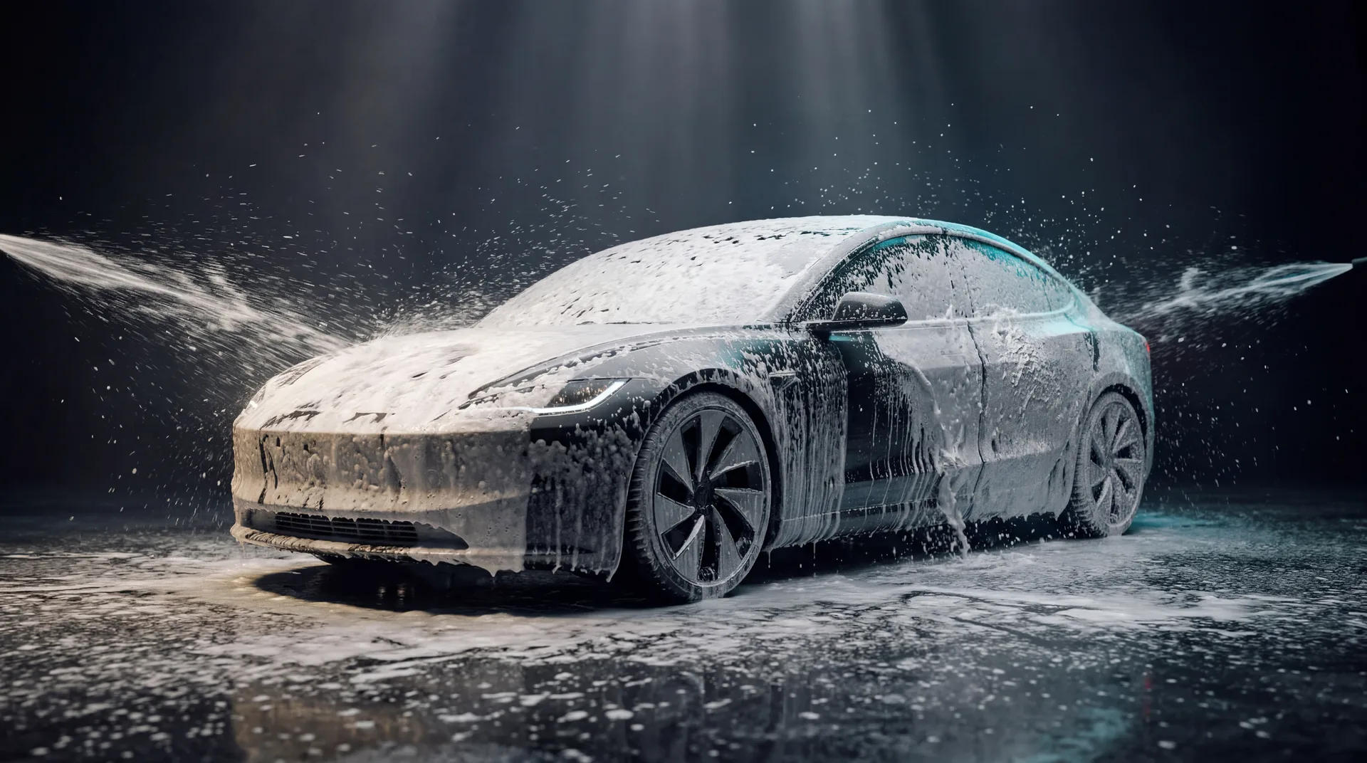 Auto oscuro cubierto de espuma blanca durante un lavado exterior